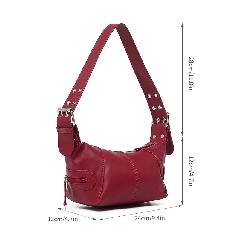 Red PU Leather Zippered Shoulder Bag – Retro European Style Crossbody and Handheld Bag