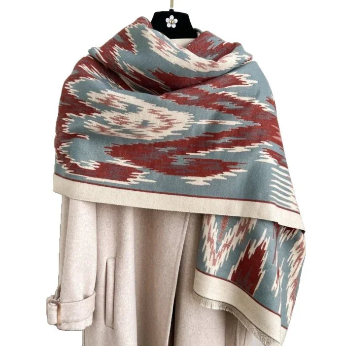 Dark Red New Style Buttoned Shawl – Double-Sided Winter Scarf with Ethnic Pattern, Faux Cashmere Feel for Travel and Fashion