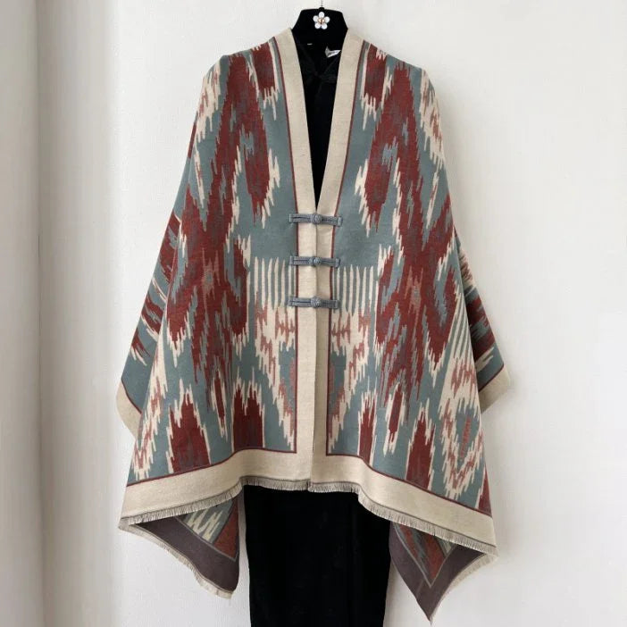 Blue and Dark Red New Style Buttoned Shawl – Double-Sided Winter Scarf with Ethnic Pattern, Faux Cashmere Feel for Travel and Fashion