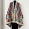 Blue and Dark Red New Style Buttoned Shawl – Double-Sided Winter Scarf with Ethnic Pattern, Faux Cashmere Feel for Travel and Fashion