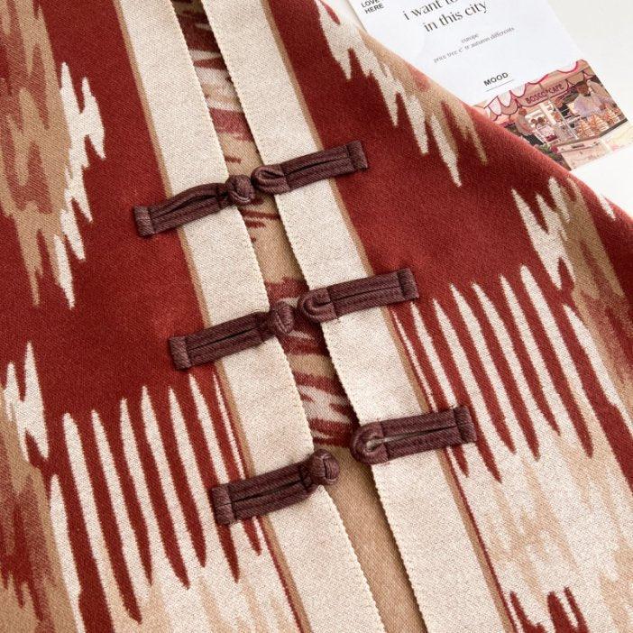 Blue and Dark Red New Style Buttoned Shawl – Double-Sided Winter Scarf with Ethnic Pattern, Faux Cashmere Feel for Travel and Fashion
