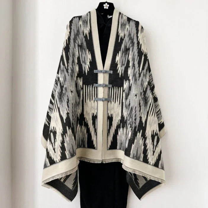 Black New Style Buttoned Shawl – Double-Sided Winter Scarf with Ethnic Pattern, Faux Cashmere Feel for Travel and Fashion