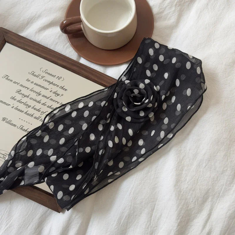 2 Pcs Black Dot Pattern Rose Flower Thin Scarf – Elegant and Versatile Neck Wrap for Women