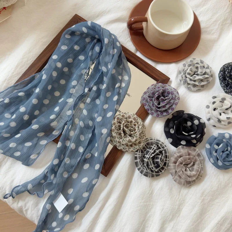 2 Pcs Blue Dot Pattern Rose Flower Thin Scarf – Elegant and Versatile Neck Wrap for Women