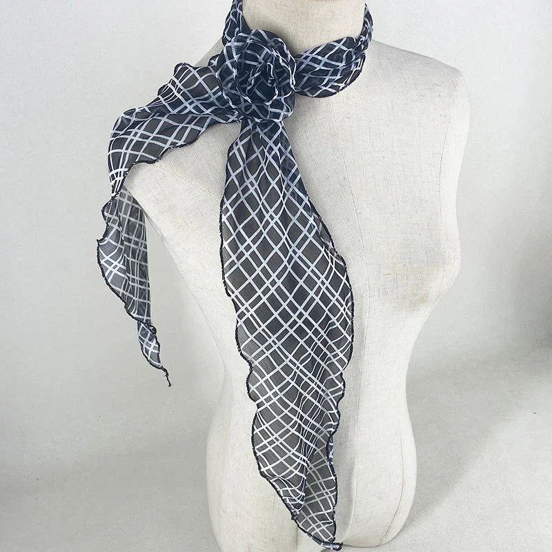 2 Pcs Black Plaid Pattern Rose Flower Thin Scarf – Elegant and Versatile Neck Wrap for Women