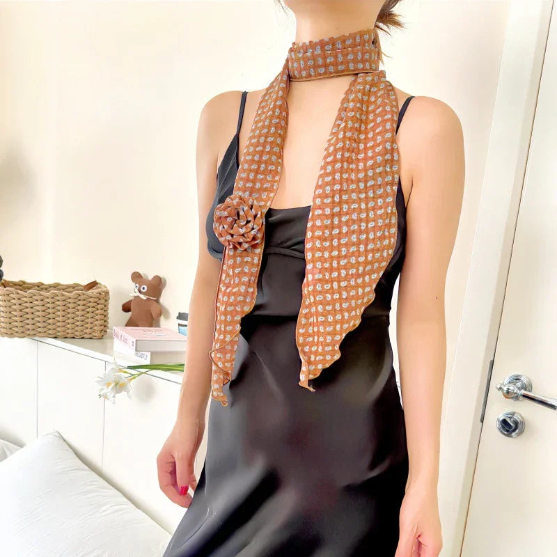 2 Pcs Brown Fruit Pattern Rose Flower Thin Scarf – Elegant and Versatile Neck Wrap for Women