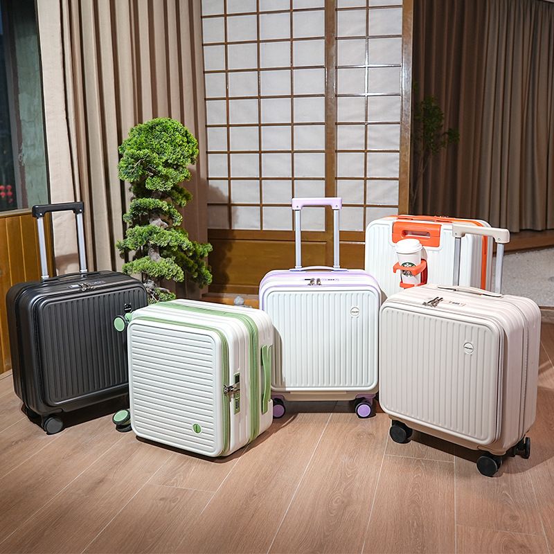 Beige Front Opening Carry On Luggage 18 Inch - Lightweight Hard Shell Suitcase with Spinner Wheels, Shockproof Laptop Compartment, USB Charging Port - Ideal for Business Trips and Short Travels