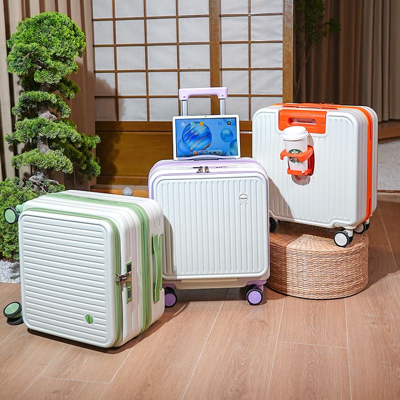 Orange and white Front Opening Carry On Luggage 18 Inch - Lightweight Hard Shell Suitcase with Spinner Wheels, Shockproof Laptop Compartment, USB Charging Port - Ideal for Business Trips and Short Travels