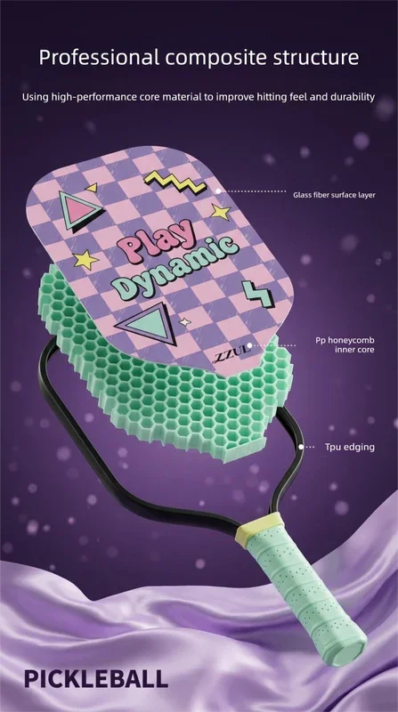 Pink and Purple Pickleball Paddle Set - Fiberglass Face with PP Honeycomb Core, 2 Paddles 4 Balls & Carry Bag - Lightweight Vibration Dampening Grip for Beginners & Family Play