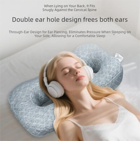 Blue Ear Piercing Pillow for Side Sleepers - 55 x 33 x 9 cm Figure 8 Hollow Ear Design, PP Cotton Fill, Machine Washable Ear Clearance and Neck Comfort