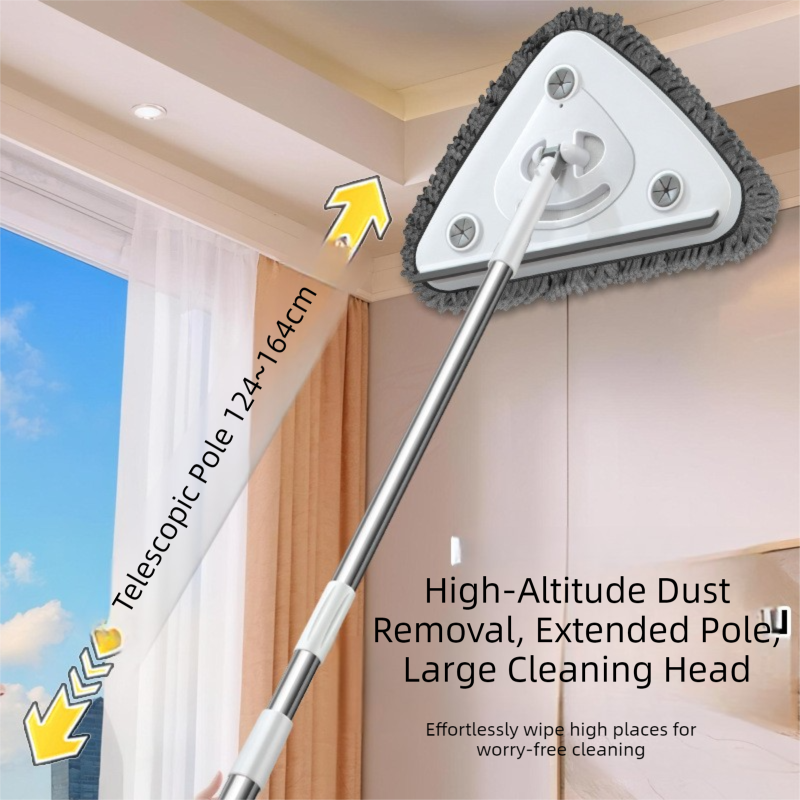Adjustable Triangle Cleaning Mop 124-164cm Extendable Long Handle Window Squeegee Wall Washer Rotatable Head for Ceilings High Corners Wet Dry Use with 2 Microfibre Pads
