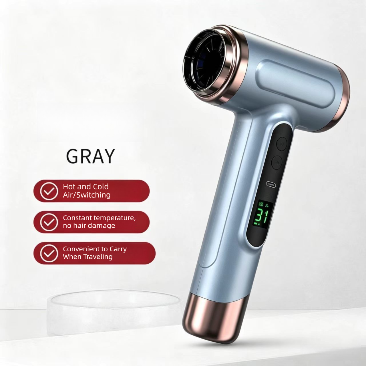 Gray wireless Hair Dryer with Cold & Hot Air, Portable Large-Capacity Rechargeable Ionic Dryer, Fast-Drying, Lightweight and Compact for Home and Travel