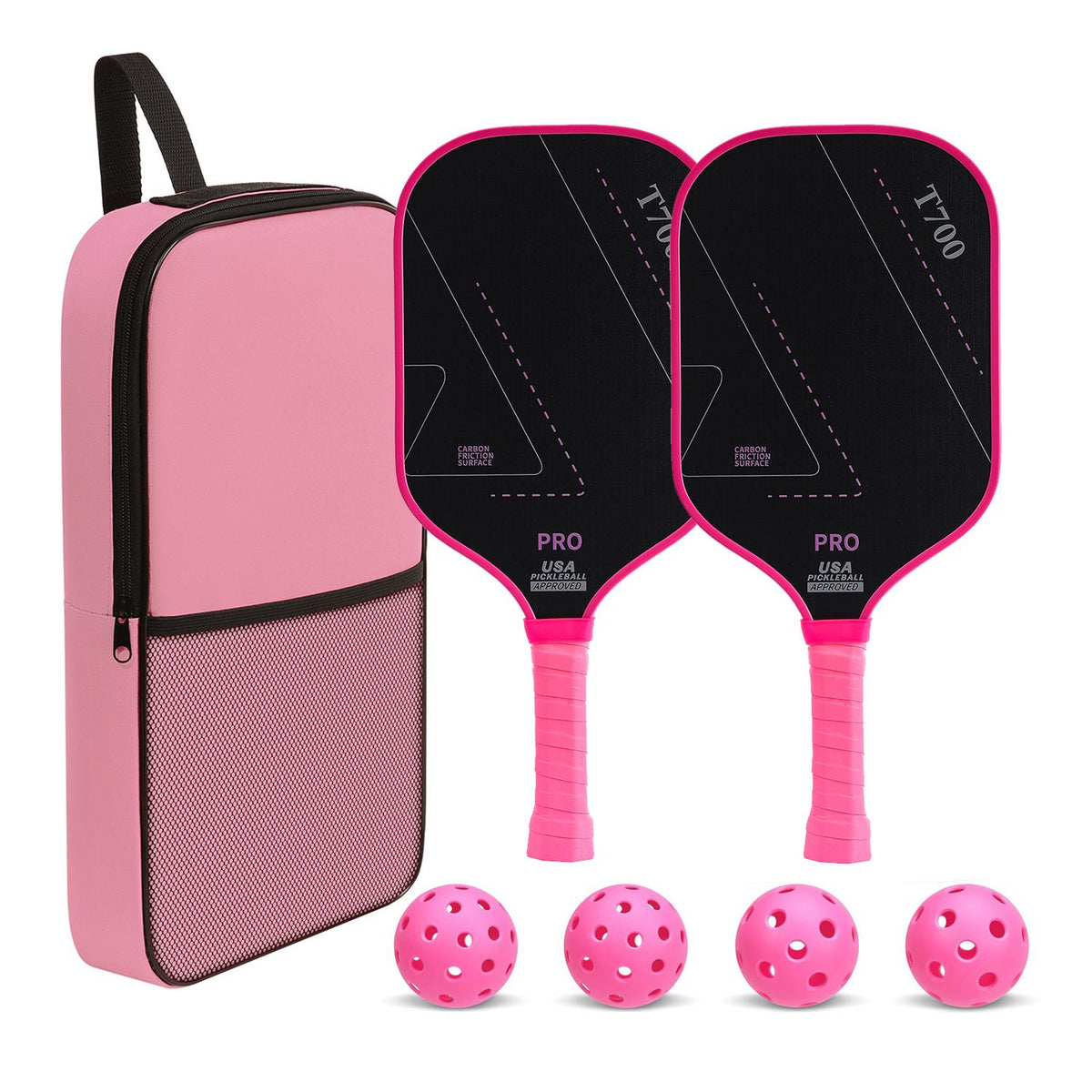 Pink handle T700 Carbon Fiber Pickleball Paddle Set - 16mm Textured Matte Finish with Oxford Carry Bag & PE Balls
