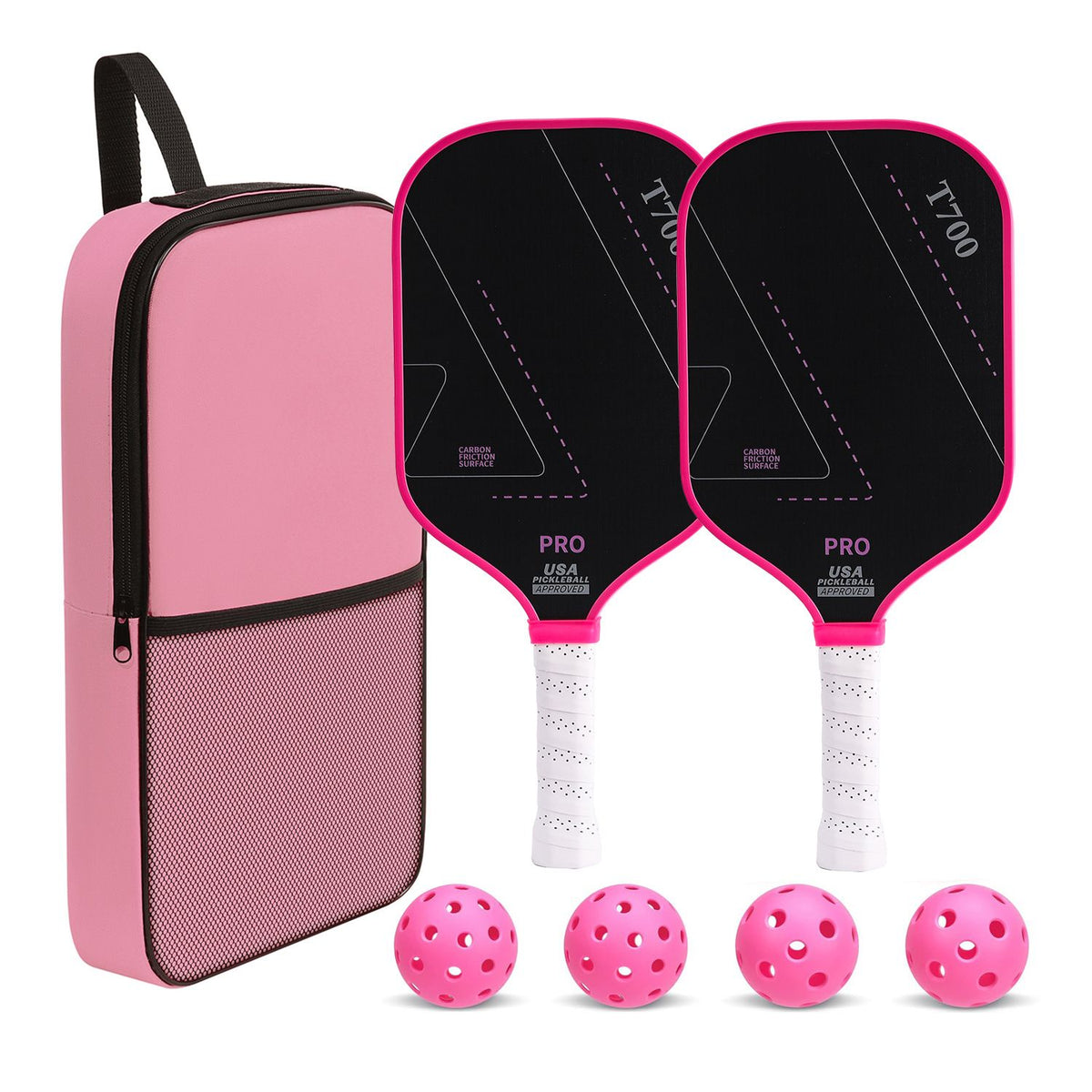 White handle T700 Carbon Fiber Pickleball Paddle Set - 16mm Textured Matte Finish with Oxford Carry Bag & PE Balls