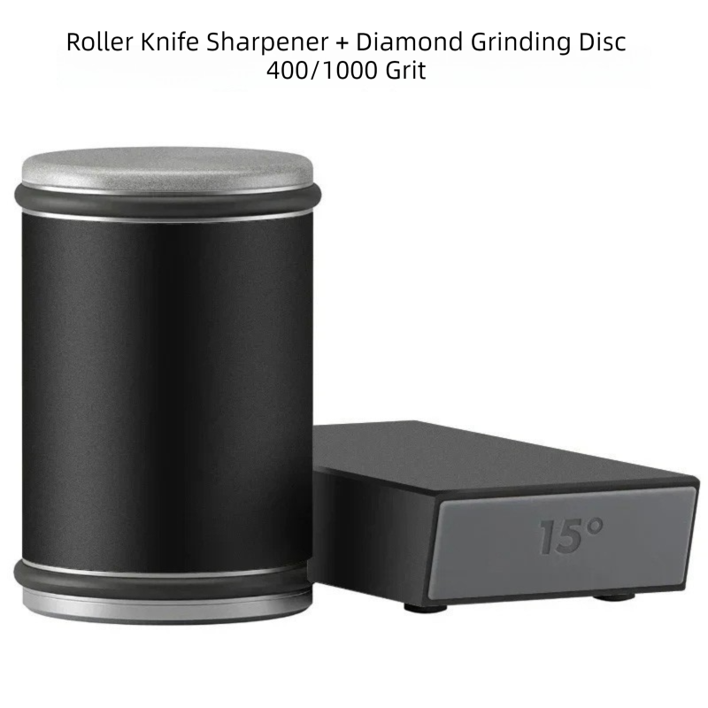 Black Rolling Knife Sharpener Set – Magnetic Angle Guide & Diamond Grinding Disc with Rubber Wood Base