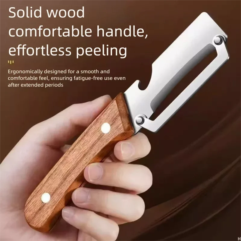 2-PCS Multi-Function Stainless Steel Peeler with Wooden Handle for Fruits, Vegetables, Sugarcane and Bottle Opening