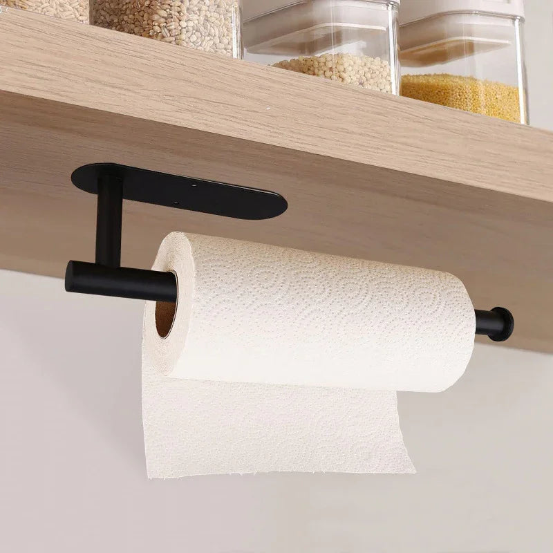 Black Stainless Steel Kitchen Paper Holder with Adhesive Mounting – Under Cabinet Tissue Roll Rack for Paper Towels, Toilet Paper or Plastic Wrap