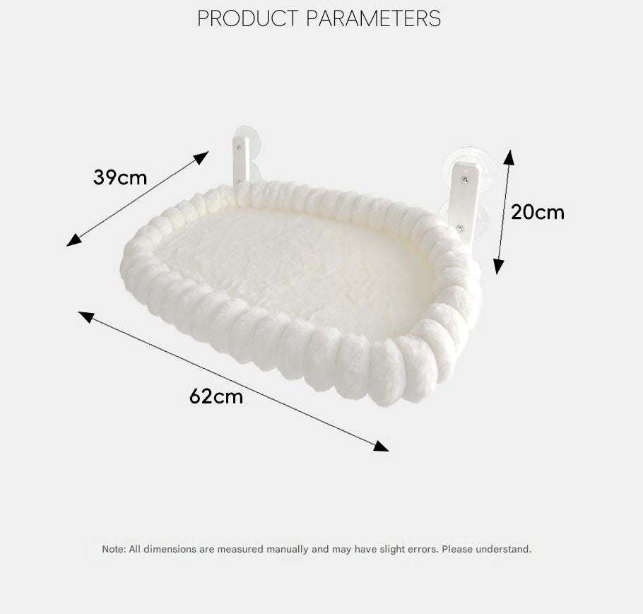 White Plush Cat Window Hammock with Strong Suction Cups, Faux Rabbit Fur Pet Bed for Cats and Small Dogs, Space-Saving Foldable Hanging Cat Perch for Sunbathing and Relaxation