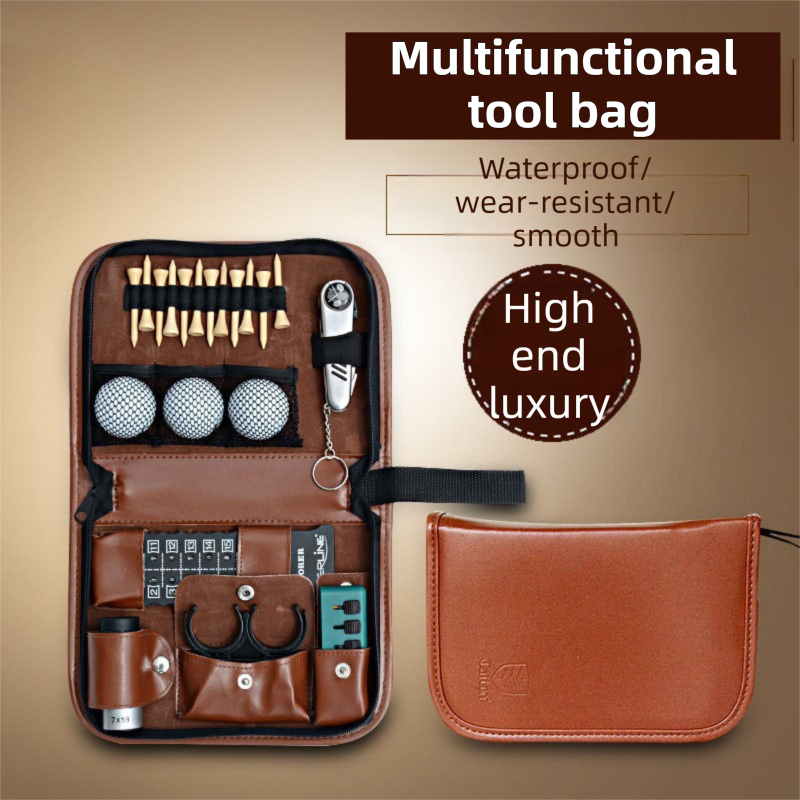 Brown Premium PU Leather Golf Accessory Organizer - Professional Golf Tool Kit Empty Pouch