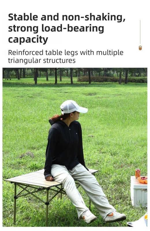 95CM Khaki Portable Folding Egg Roll Camping Table with Storage Bag & Mesh Net- Heavy-Duty Carbon Steel Picnic Table for 4-6 People