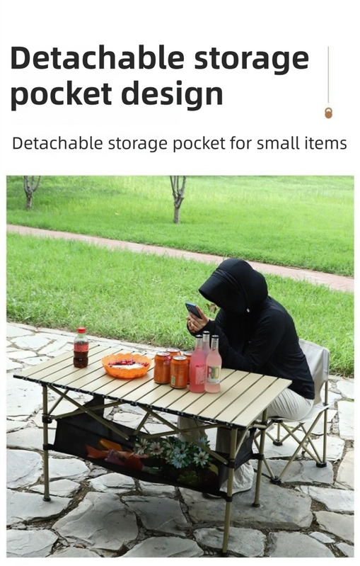 120CM Khaki Portable Folding Egg Roll Camping Table with Storage Bag & Mesh Net- Heavy-Duty Carbon Steel Picnic Table for 6-8 People