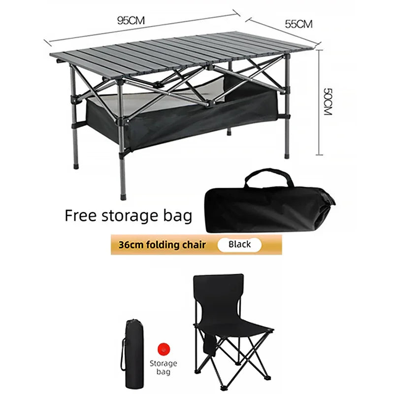 Camping Table Set – 95cm Carbon Steel Egg‑Roll + 4 Chairs, Foldable, Wood‑Grain