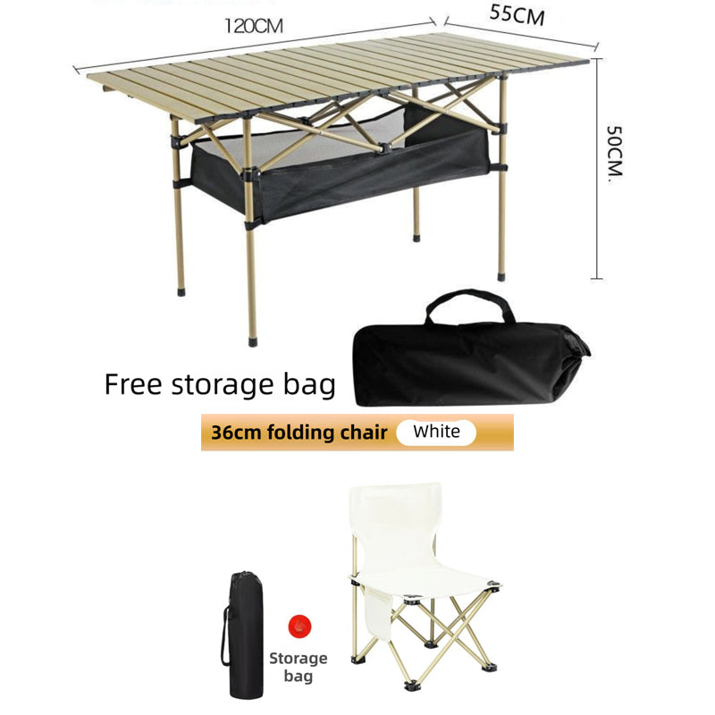 120CM Khaki Portable Folding Egg Roll Camping Table + 4-Pack 36CM Chairs with Storage Bag & Mesh Net- Heavy-Duty Carbon Steel Picnic Table for 6-8 People