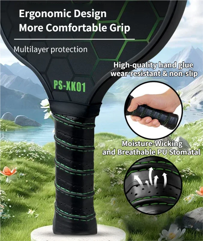Black and Green Fiberglass Pickleball Paddle - 220g Lightweight Racket with Breathable PU Comfort Grip and Oversized Sweet Spot for Outdoor Play