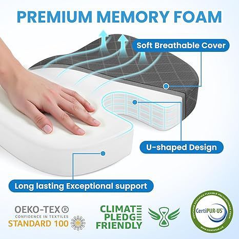 Black Ergonomic Memory Foam U-Shaped Seat Cushion - Breathable Orthopedic Pressure Relief Pillow with ZIpper Cover & Handle (45 x 36 CM)