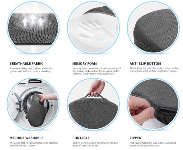 Grey Ergonomic Memory Foam U-Shaped Seat Cushion - Breathable Orthopedic Pressure Relief Pillow with ZIpper Cover & Handle (45 x 36 CM)