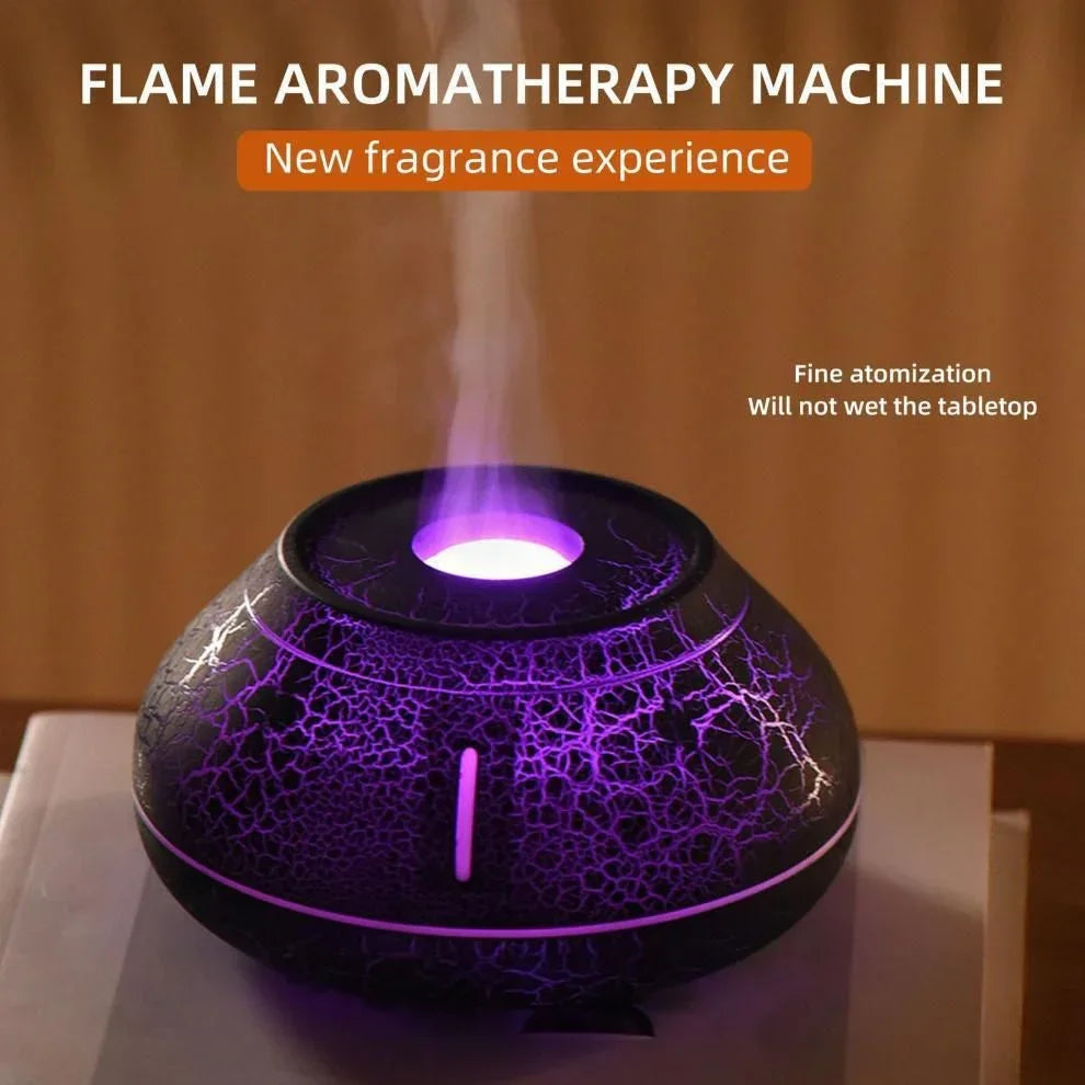 Crackled Black 7-Color Flame Ultrasonic Nano Mist Humidifier & Diffuser - Type-C Powered Realistic Fire Effect Mood Lamp for Home & Office