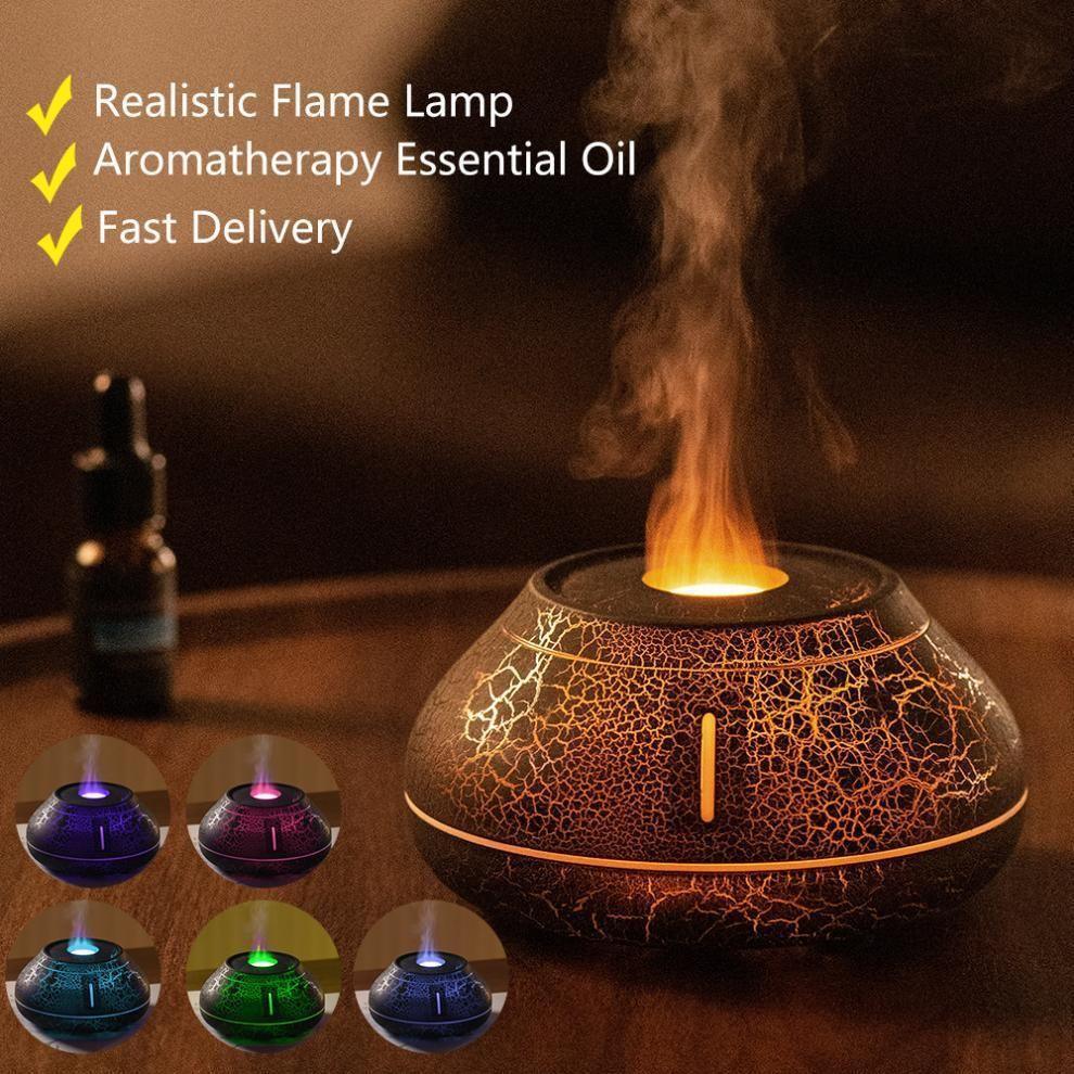 Crackled Black 7-Color Flame Ultrasonic Nano Mist Humidifier & Diffuser - Type-C Powered Realistic Fire Effect Mood Lamp for Home & Office