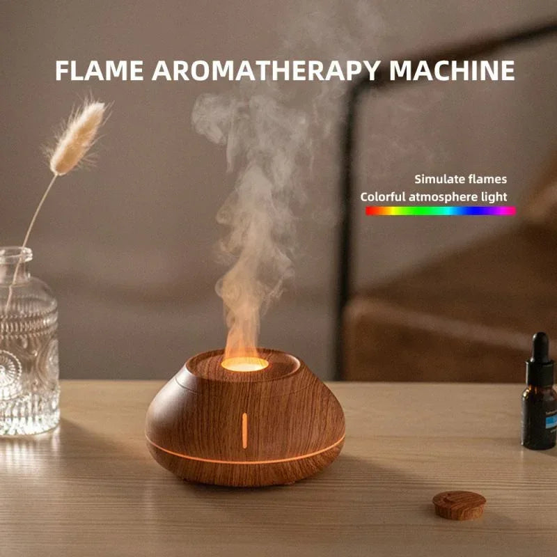 Wood Grain 7-Color Flame Ultrasonic Nano Mist Humidifier & Diffuser - Type-C Powered Realistic Fire Effect Mood Lamp for Home & Office