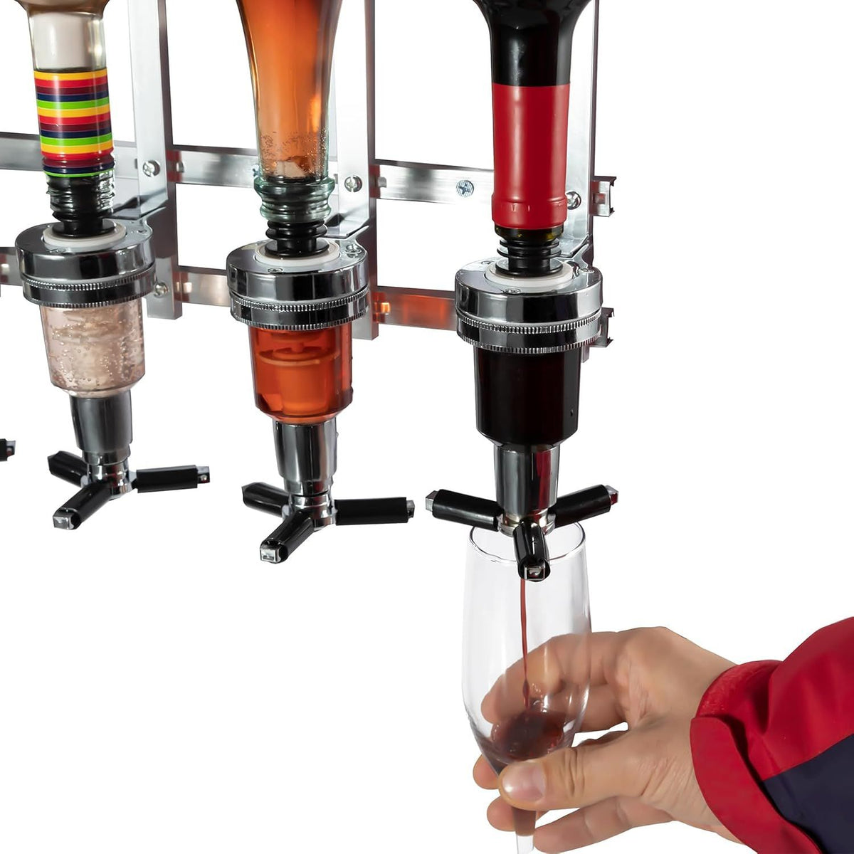 Professional Wall-Mounted Alcohol Tot Dispenser (4 Head) - Heavy Duty Adjustable Metal Wine Rack Decor with Spring-Loaded Bottle Holder