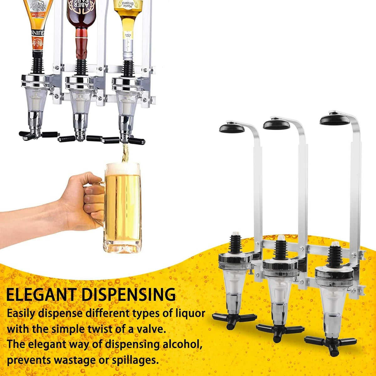 Professional Wall-Mounted Alcohol Tot Dispenser (4 Head) - Heavy Duty Adjustable Metal Wine Rack Decor with Spring-Loaded Bottle Holder