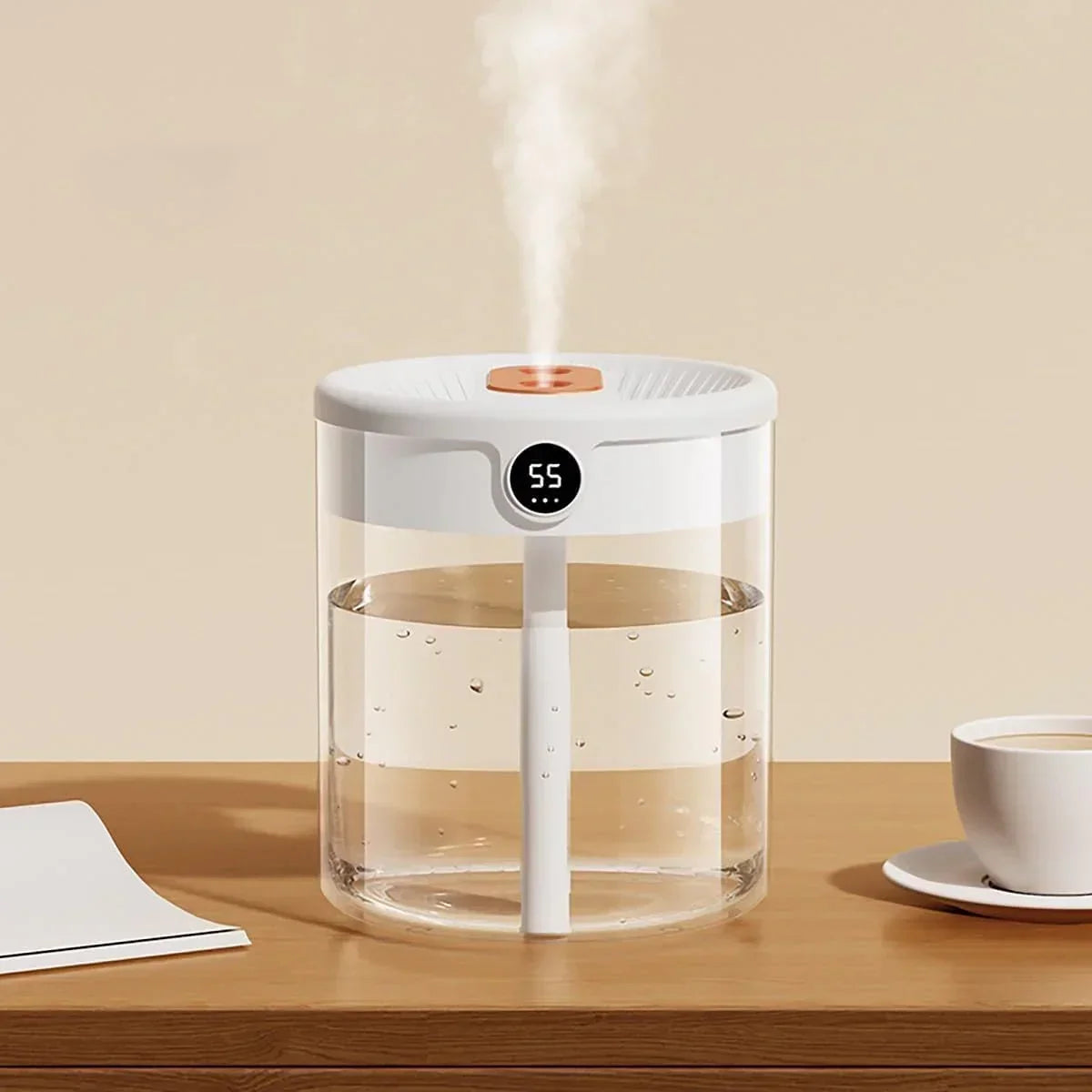 White 2L Dual-Spray Ultrasonic Humidifier and Air Diffuser with Night Light - USB Powered, Quiet Operation, Smart Digital Display & Real-Time Humidity Sensor