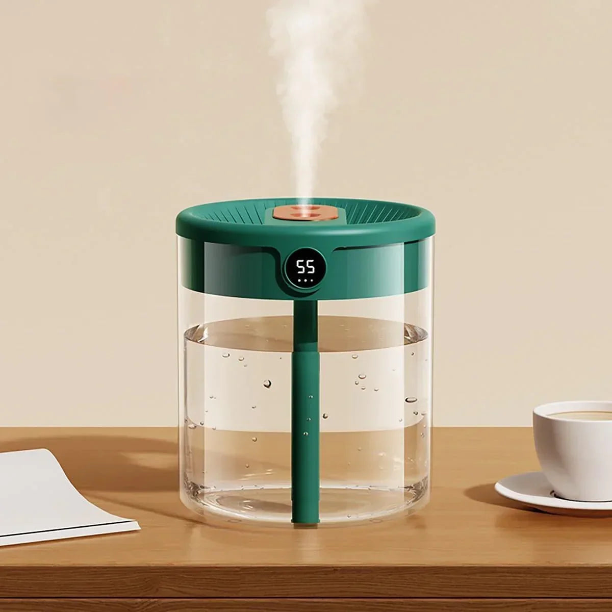 Green 2L Dual-Spray Ultrasonic Humidifier and Air Diffuser with Night Light - USB Powered, Quiet Operation, Smart Digital Display & Real-Time Humidity Sensor