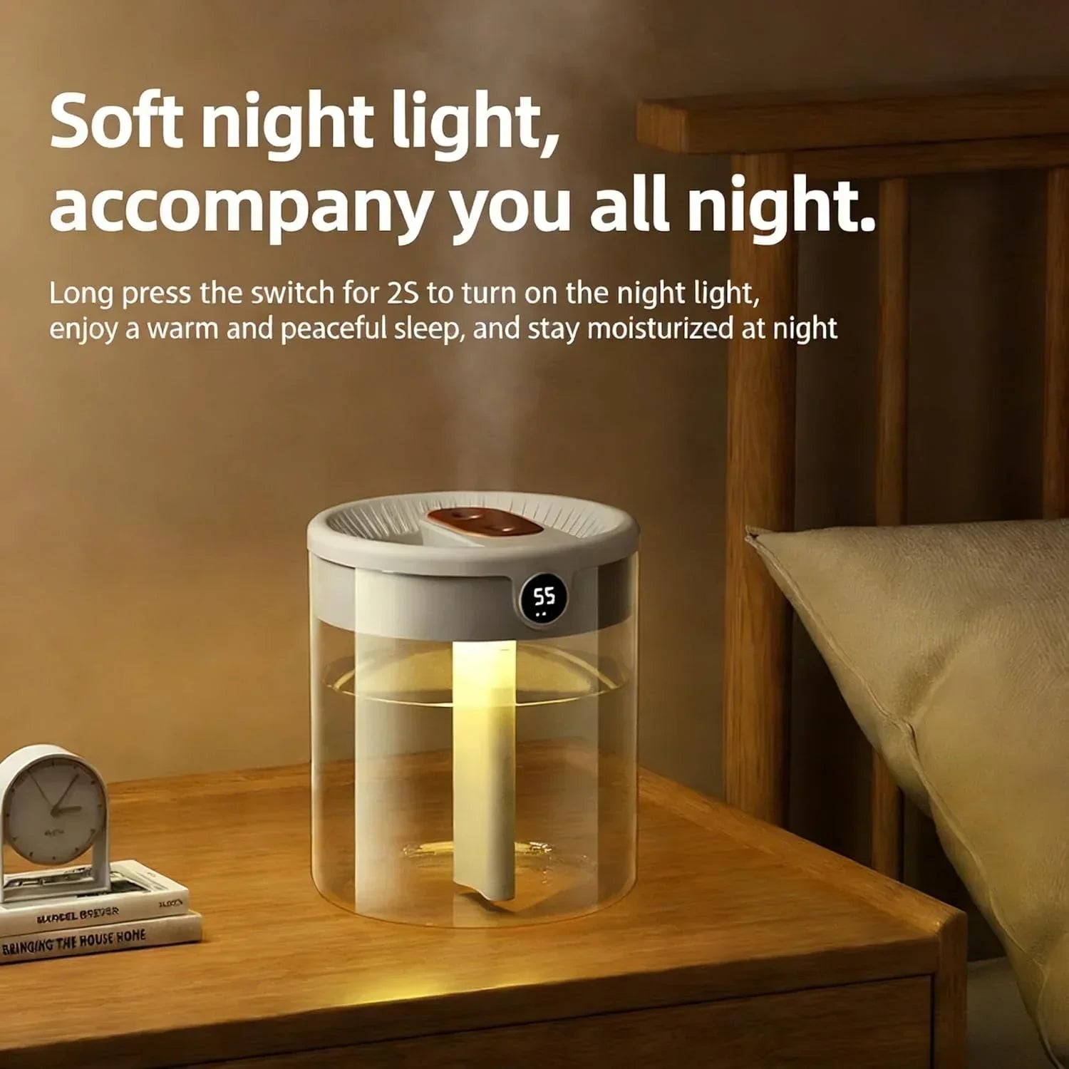 Green 2L Dual-Spray Ultrasonic Humidifier and Air Diffuser with Night Light - USB Powered, Quiet Operation, Smart Digital Display & Real-Time Humidity Sensor