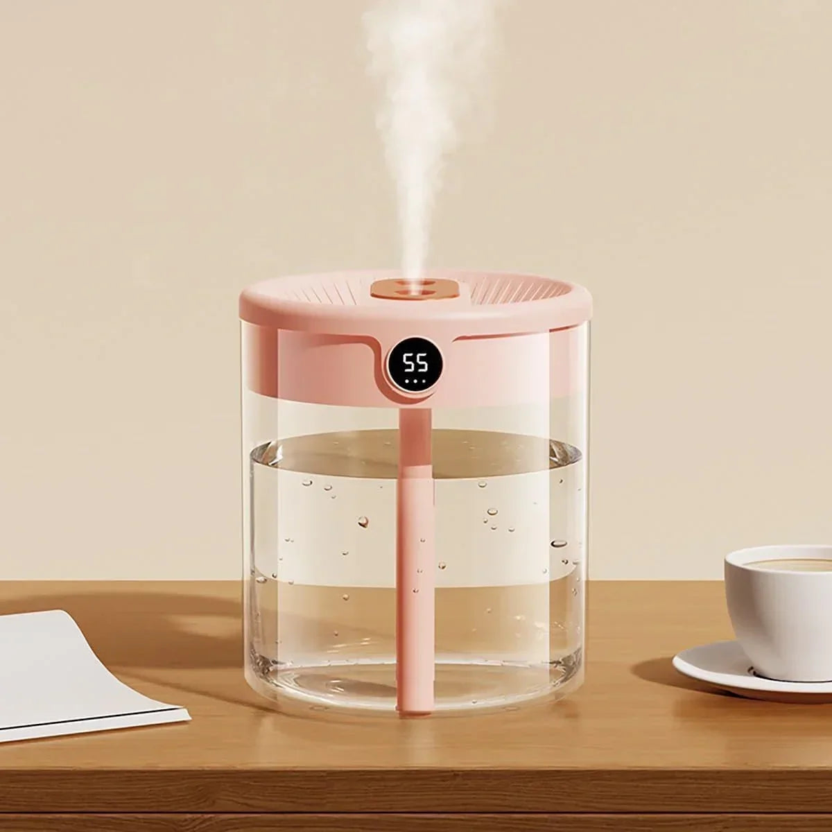 Pink 2L Dual-Spray Ultrasonic Humidifier and Air Diffuser with Night Light - USB Powered, Quiet Operation, Smart Digital Display & Real-Time Humidity Sensor