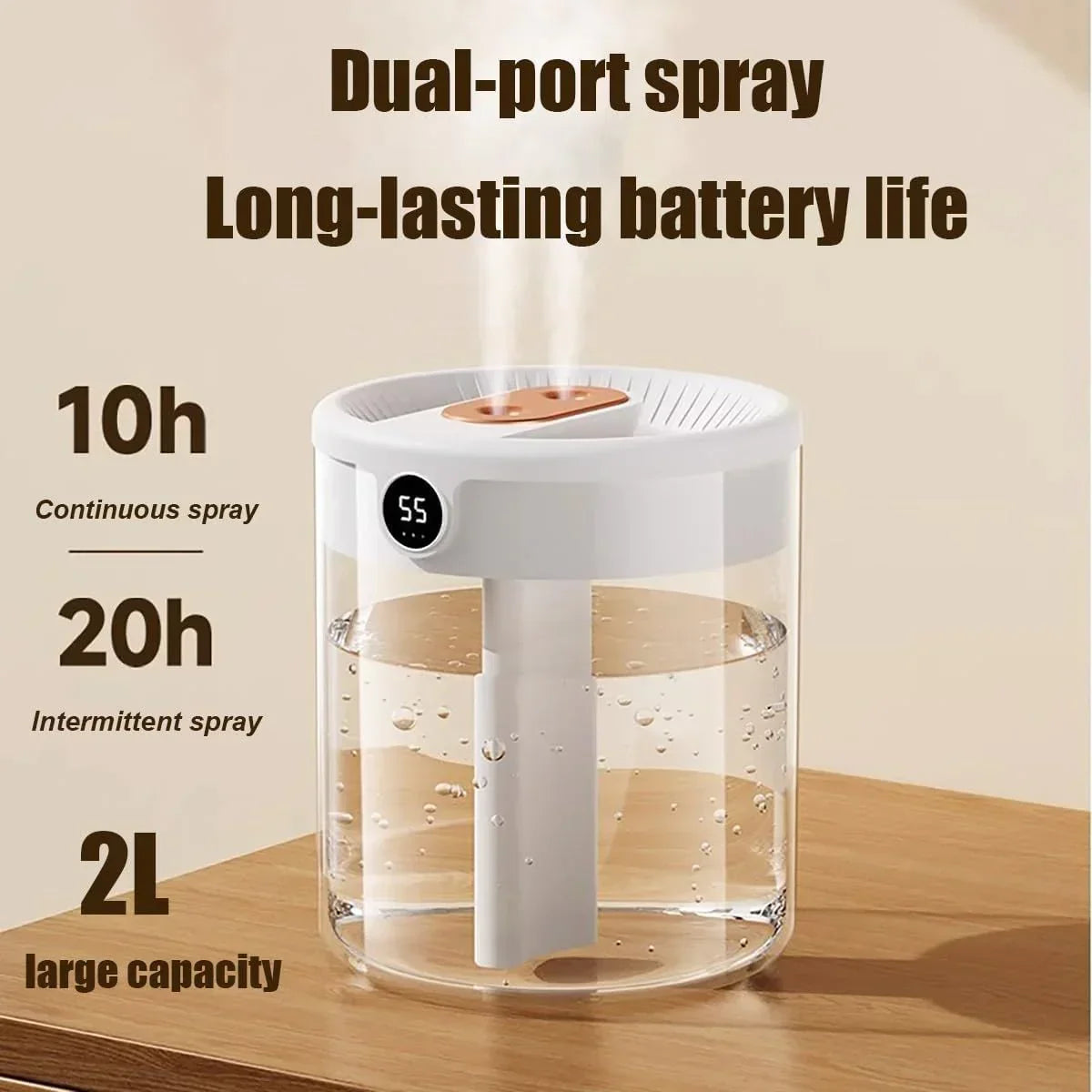 Pink 2L Dual-Spray Ultrasonic Humidifier and Air Diffuser with Night Light - USB Powered, Quiet Operation, Smart Digital Display & Real-Time Humidity Sensor
