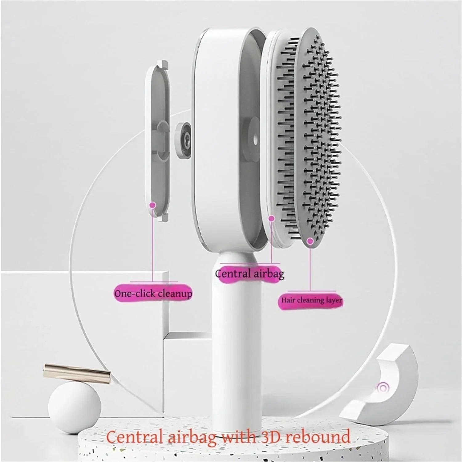 Black and Purple 3D Airbag Massage Self Cleaning Hair Brush with Base - for Long Hair - One-Click Easy Hair Removal - Scalp Soothing Detangler for Professional Home Hair Care