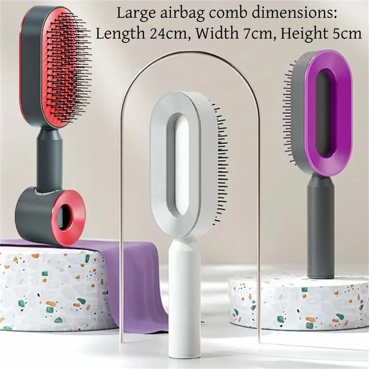 Black and Purple 3D Airbag Massage Self Cleaning Hair Brush with Base - for Long Hair - One-Click Easy Hair Removal - Scalp Soothing Detangler for Professional Home Hair Care