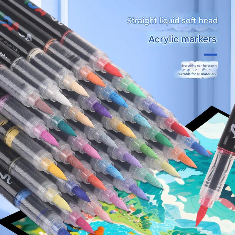 48-Color Liquid Acrylic Paint Markers — Soft Brush Tip| Art & Painting Supplies | Automatic Ink Control System | Suitable for Various Surfaces (Rock, Glass, Wood, Fabric, PP Materials) | Recommended Age: 3+