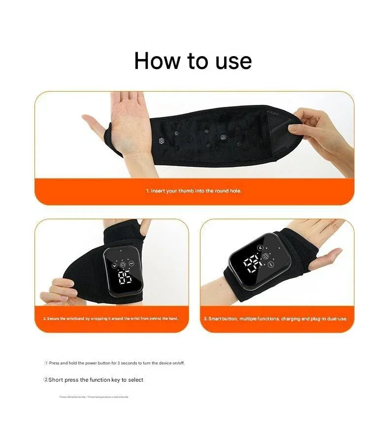 Black 2-piece Electric Heating Wrist Massager with Vibration and Hot Compress - 3 Heat Levels, 3 Vibration Modes, 15 Min Auto Shutoff, Rechargeable - Cordless Wrist Pain Relief Wrap for Office, Sports Recovery, and Daily Care