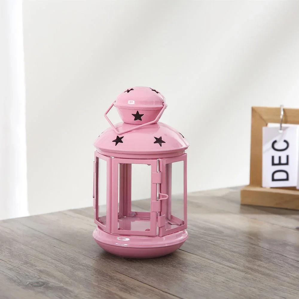 Pink European Style Star Cutout Metal Candle Lantern - Handcrafted Iron & Glass Decorative Lamp for Christmas, Home, Wedding, Party Easy to carry - Perfect for Living Room, Bedroom, Study