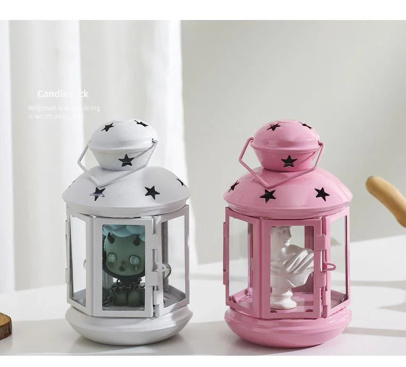 3-piece White and Pink and Red European Style Star Cutout Metal Candle Lantern - Handcrafted Iron & Glass Decorative Lamp for Christmas, Home, Wedding, Party Easy to carry - Perfect for Living Room, Bedroom, Study
