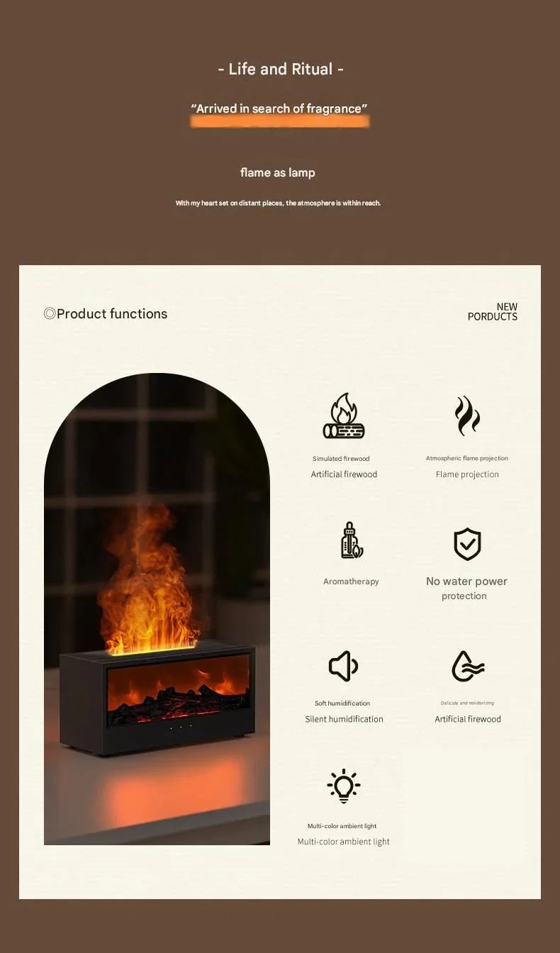 Black casing 3D Flame Effect Aroma Diffuser and Humidifier - Desktop Fireplace Design with Realistic LED Fire, 7-Color Mood Lighting, and Silent Ultrasonic Mist - Ideal for Bedroom, Living Room, Office, and Yoga Spaces - Includes Timer and Auto Shut-Off