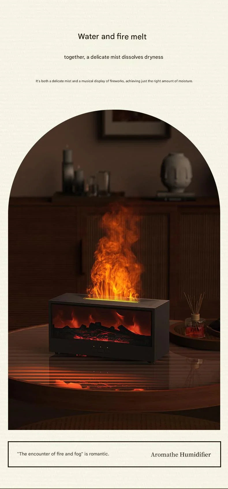 White casing 3D Flame Effect Aroma Diffuser and Humidifier - Desktop Fireplace Design with Realistic LED Fire, 7-Color Mood Lighting, and Silent Ultrasonic Mist - Ideal for Bedroom, Living Room, Office, and Yoga Spaces - Includes Timer and Auto Shut-Off