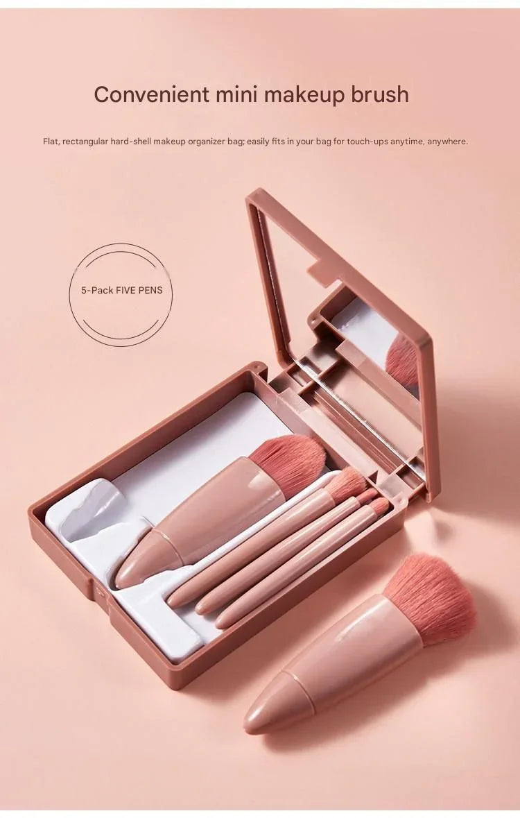 Pink 5-Piece Compact Makeup Brush Set with Mirror - Synthetic Fibre Travel Case with Foundation, Powder & Blush Brushes - Portable Beauty Tool Kit for On-the-Go Touch-Ups