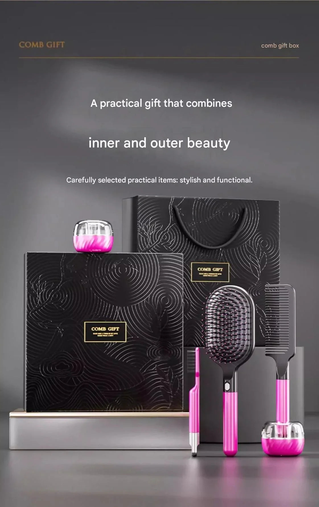 Rose Red 3-Piece Gift Box Set Premium ABS Hair Care Gift Set with Cushion Paddle Brush, Detangling Comb, Cleaning Brush & Stand - Elegant Mother’s Day or Couple’s Gift for Daily Styling and Scalp Comfort